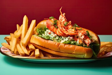 Lobster Roll with a side of crispy fries, with a vibrant color-enhancing,New England Homemade. Generative AI