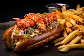 Lobster Roll with a side of crispy fries, with a vibrant color-enhancing,New England Homemade. Generative AI