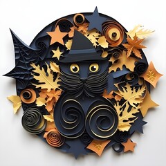 Paper cut Black cat in Halloween surrounded by jack o lanterns, wearing a witches hat.