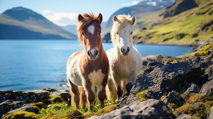two Icelandic horses on the shore of a lake. Generative AI. - obrazy, fototapety, plakaty