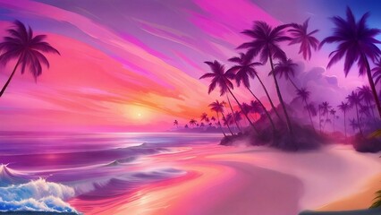 beach at sunset with palm trees swaying in the breeze, gentle waves.