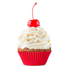 Cupcake. Birthday cupcake with cherry on top. Red cup liners. Happy Birthday. Tasty baking cupcakes, cake or muffin with white cream icing, frosting. Bakery, confectionery. White isolated background