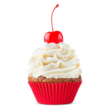 Cupcake. Birthday cupcake with cherry on top. Red cup liners. Happy Birthday. Tasty baking cupcakes, cake or muffin with white cream icing, frosting. Bakery, confectionery. White isolated background