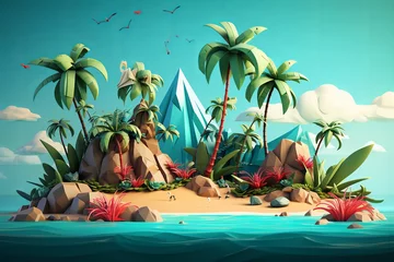 Zelfklevend Fotobehang An Illustration of a Colorful Tropical Island. Creted with Generative AI Technology © Shamsuddin