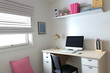 College students bedroom with desk for study and window. Preppy style