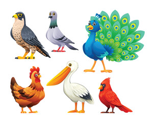 Set of birds vector cartoon illustration. Falcon, pigeon, peacock, hen, pelican and cardinal