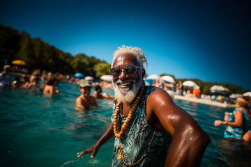 Obraz na płótnie Canvas A old man with white hair and sunglasses a pool