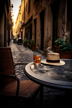 Older Man's Hat Lies On An Outdoor Table On A Old City