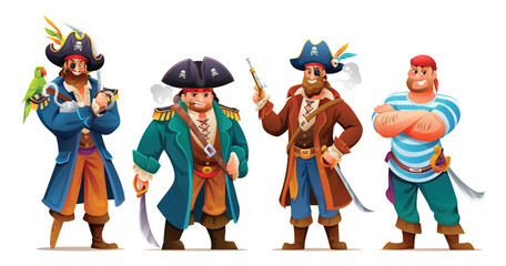 Set of pirates with weapons. Cartoon characters illustration