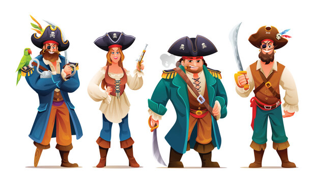 Set of man and woman pirates with weapons. Cartoon characters illustration