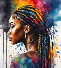 Colorful painting of a black woman in watercolor style made with AI - obrazy, fototapety, plakaty