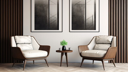 modern living room with modern chairs and wall art in dark brown shades, Art deco Modern Interior Design Style