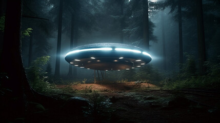 UFO in fog night forest. landing place. UFO in the sky is flying over the night city - obrazy, fototapety, plakaty