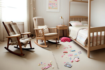 Stairs child bedroom with messy toys and rocking chair. Beige style