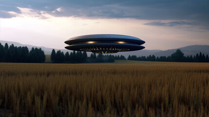 Fantastic dramatic image. UFO or alien spacecraft inspect grass field with bright spotlight. cool