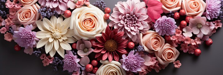 Flowers in heart shape with copy space for valentines womens mothers day