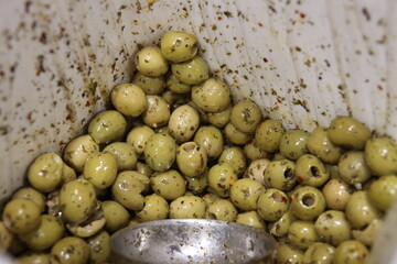 Assortments of olives are ready for purchase at the market. Pittsburgh, Pennsylvania. 