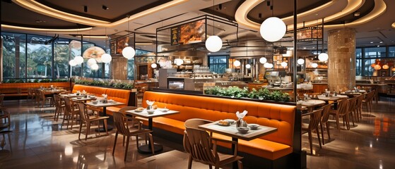 Modern interior lighting and seating in a fast food restaurant.