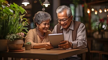 Indian senior couple enjoying fun together while using a tablet or smartphone.