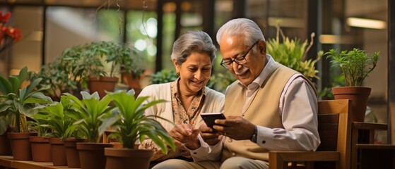 Indian senior couple enjoying fun together while using a tablet or smartphone. - obrazy, fototapety, plakaty