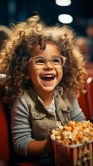 Naklejka premium Laughing child enjoying popcorn while watching humorous movie while wearing 3D glasses. sweet young girl.