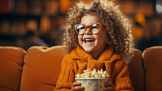 Naklejki Laughing child enjoying popcorn while watching humorous movie while wearing 3D glasses. sweet young girl.