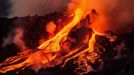 Illustration of a volcanic eruption with lava flowing down the slopes.