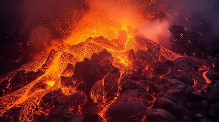 Fotobehang Illustration of a volcanic eruption with lava flowing down the slopes. © alionaprof