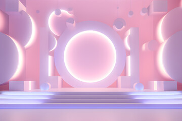 3D Podium lights blue and pink stage pedestal or platform, Abstract scene background. Product presentation, mock up, show cosmetics product, ai generate