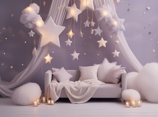 Dreamy Baby Room: Sofa, Hanging Stars, Clouds, and Lights, backdrop