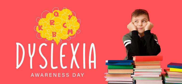 Little boy with books and text DYSLEXIA AWARENESS DAY on red background