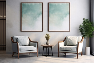 two chairs next to two wall paintings of a watercolor painting,, Art Moderne Modern Interior Design