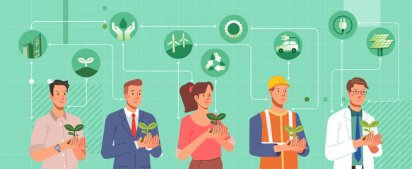 Diverse people hold plant to support renewable Alternative Energy sources, sustainable development. Ecology environmental conservation