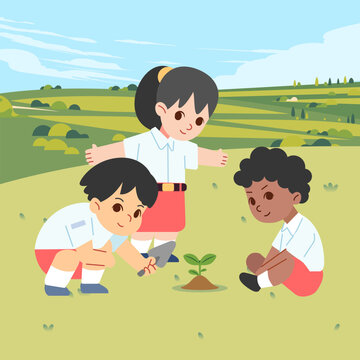 Children planting sprout plant seed together in nature garden park. Natural care ecology Environmental Save preservation Earth