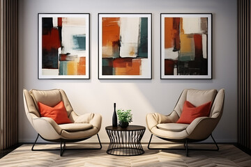  a living room with three framed paintings on the wall, Art Moderne Modern Interior Design