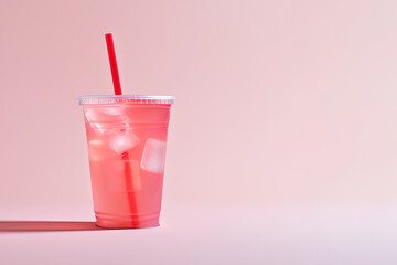 Pink drink in plastic cup isolated on pink background. Take away drinks concept with copy space