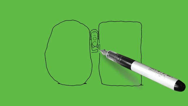 draw standing young man trapped between rock and hard place and pushed back with his hands with black outline on abstract green screen background   
