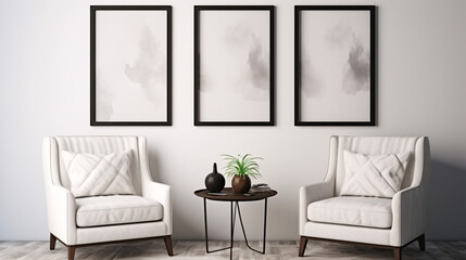 white chairs on a white background with three framed photos, Art Moderne Modern Interior Design