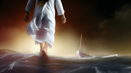 Fototapeta na wymiar Jesus Christ walking on water across the sea towards a boat.