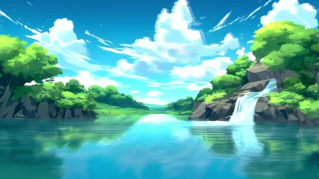 Beautiful waterfall in the forest scenery background animation with Japanese anime watercolor painting illustration style. 4K timelapse Seamless looping video