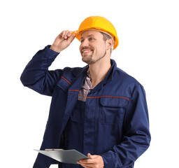 Male builder with clipboard on white background