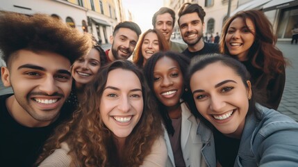 Obraz premium Multicultural group of young people smiling together at camera, Happy friends taking selfie pic with smartphone outdoors. generative AI