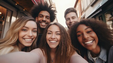 Multicultural group of young people smiling together at camera, Happy friends taking selfie pic with smartphone outdoors. generative AI