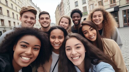 Obraz premium Multicultural group of young people smiling together at camera, Happy friends taking selfie pic with smartphone outdoors. generative AI