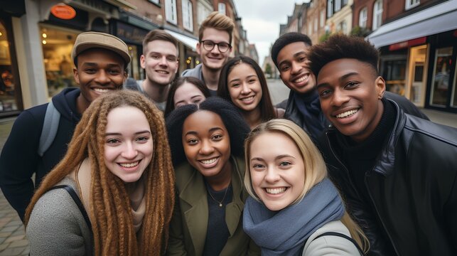 Multicultural group of young people smiling together at camera, Happy friends taking selfie pic with smartphone outdoors. generative AI