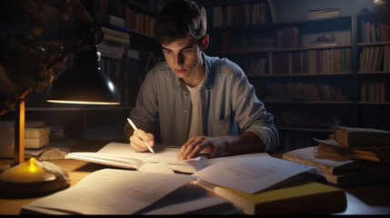 Young male student studying in preparation for exams at night at his study table.