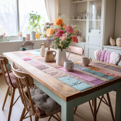 a whimsical patchwork table design in a shabby chic  
