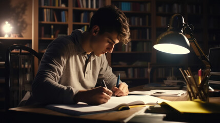 Young male student studying in preparation for exams at night at his study table.