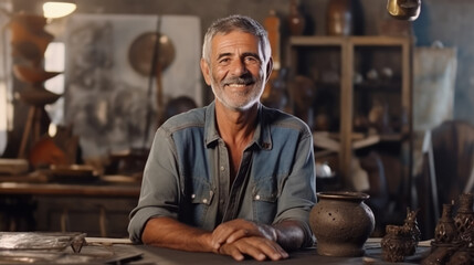 Artisan sculptor artist of Arab appearance smiling at camera against backdrop of the workshop and his product