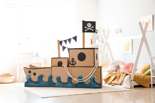 Pirate cardboard ship in children's bedroom